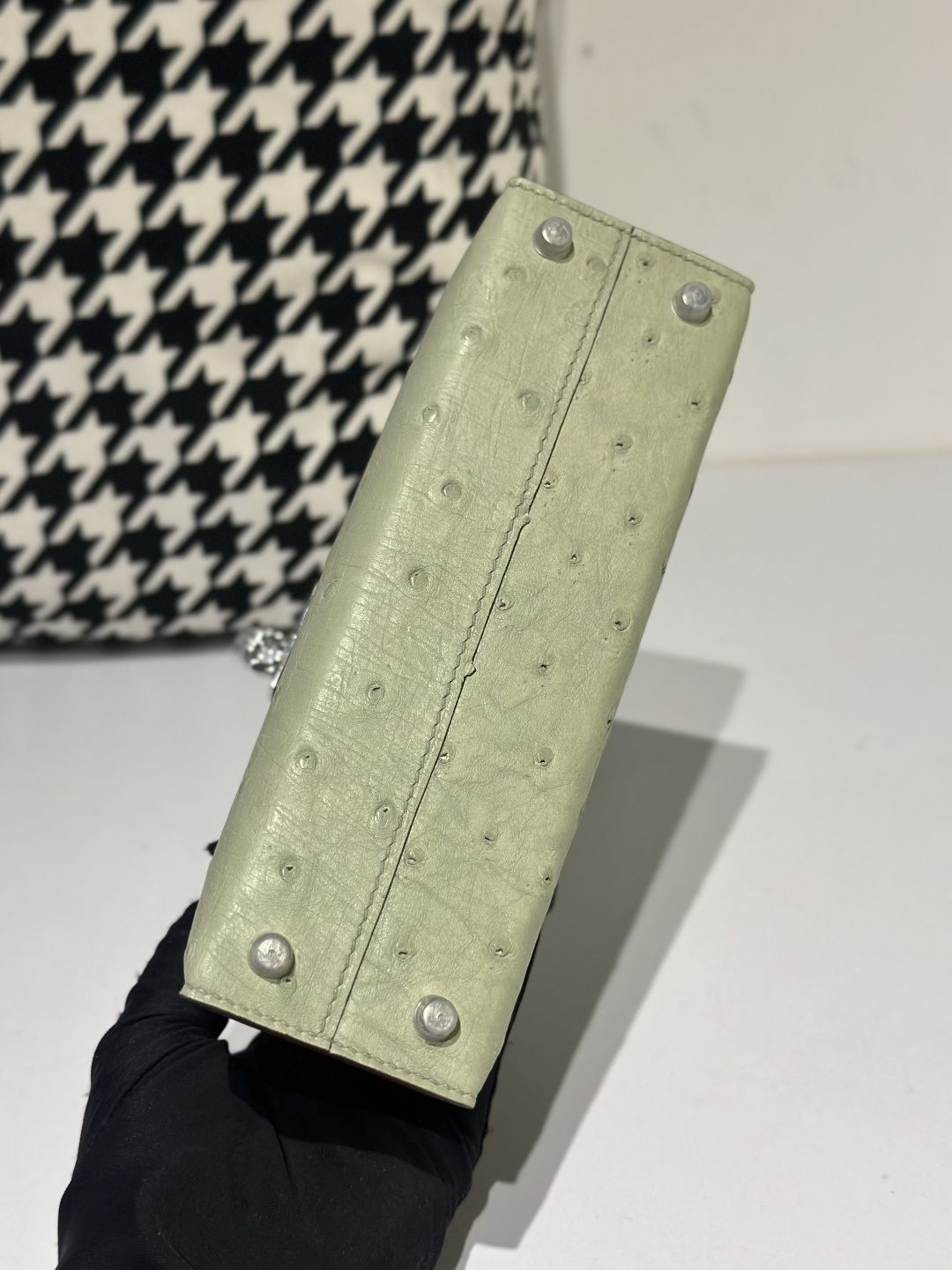 Ostrich Leather Sage Green Silver Hardware Series II Top Handle Bag WOB066 photo 6