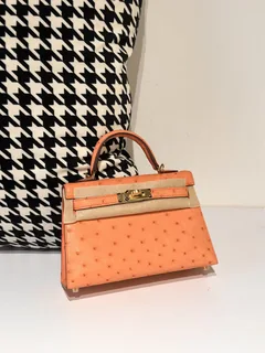 Ostrich Leather Orange Gold Hardware Series II Top Handle Bag WOB068 image 1