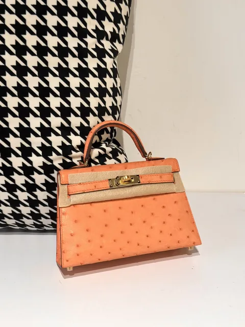 Ostrich Leather Orange Gold Hardware Series II Top Handle Bag WOB068