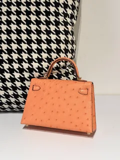 Ostrich Leather Orange Gold Hardware Series II Top Handle Bag WOB068 image 3