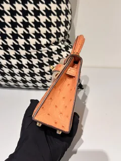 Ostrich Leather Orange Gold Hardware Series II Top Handle Bag WOB068 image 4
