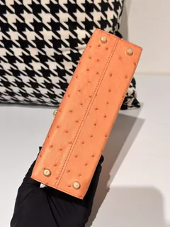 Ostrich Leather Orange Gold Hardware Series II Top Handle Bag WOB068 image 6