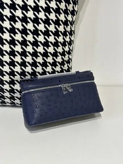 Ostrich Leather Navy 19cm Silver Hardware Top Handle Bag WOB069 image 1
