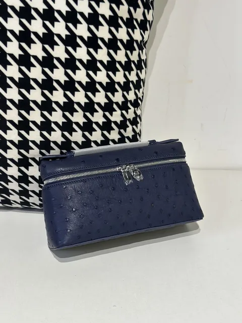 Ostrich Leather Navy 19cm Silver Hardware Top Handle Bag WOB069
