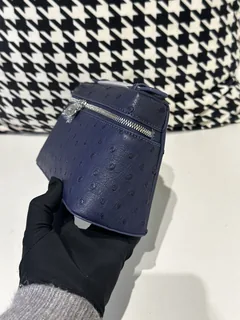 Ostrich Leather Navy 19cm Silver Hardware Top Handle Bag WOB069 image 4