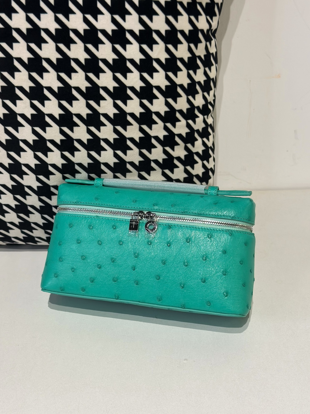 Ostrich Leather Green 19cm Silver Hardware Top Handle Bag WOB070 image 2