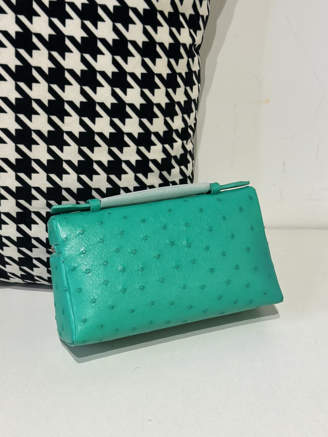 Ostrich Leather Green 19cm Silver Hardware Top Handle Bag WOB070 image 3