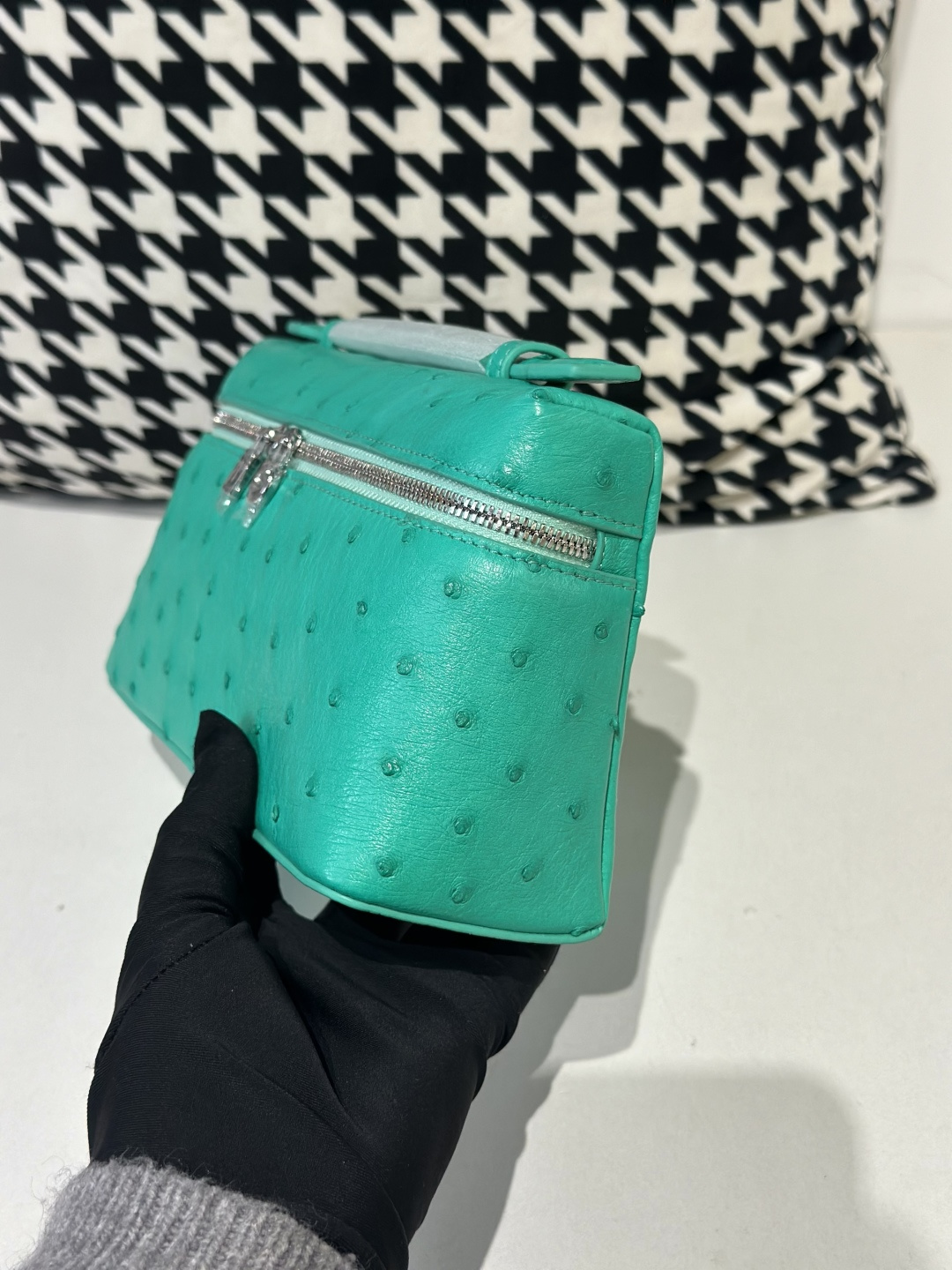 Ostrich Leather Green 19cm Silver Hardware Top Handle Bag WOB070 image 4