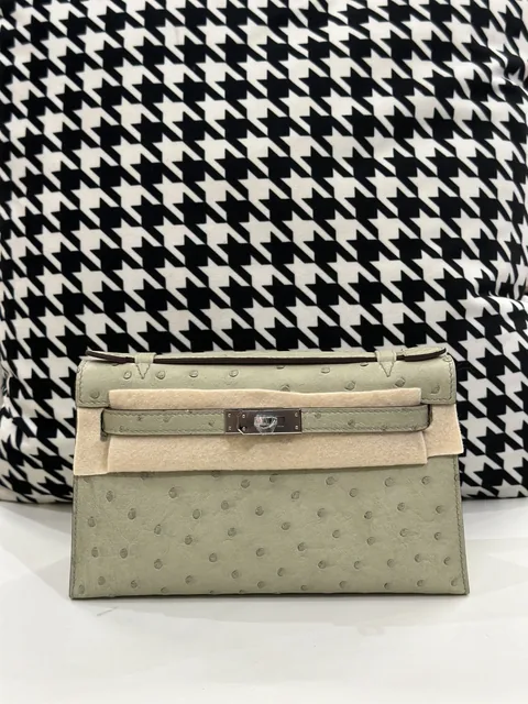 Ostrich Leather Silver Hardware Series I Turn-Lock Pochette Bag Collection WOB072