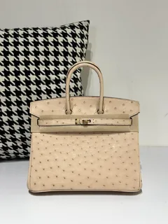 Ostrich Leather Rose Pink 25cm Gold Hardware Top Handle Tote Bag WOB073 image 1
