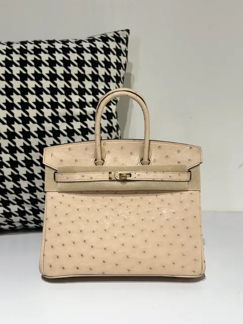 Ostrich Leather Rose Pink 25cm Gold Hardware Top Handle Tote Bag WOB073