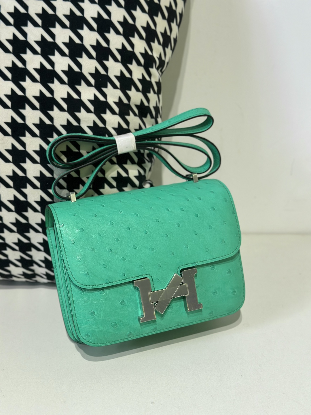 Ostrich Leather Comic Green 18cm Silver Hardware Flap Shoulder Bag WOB075