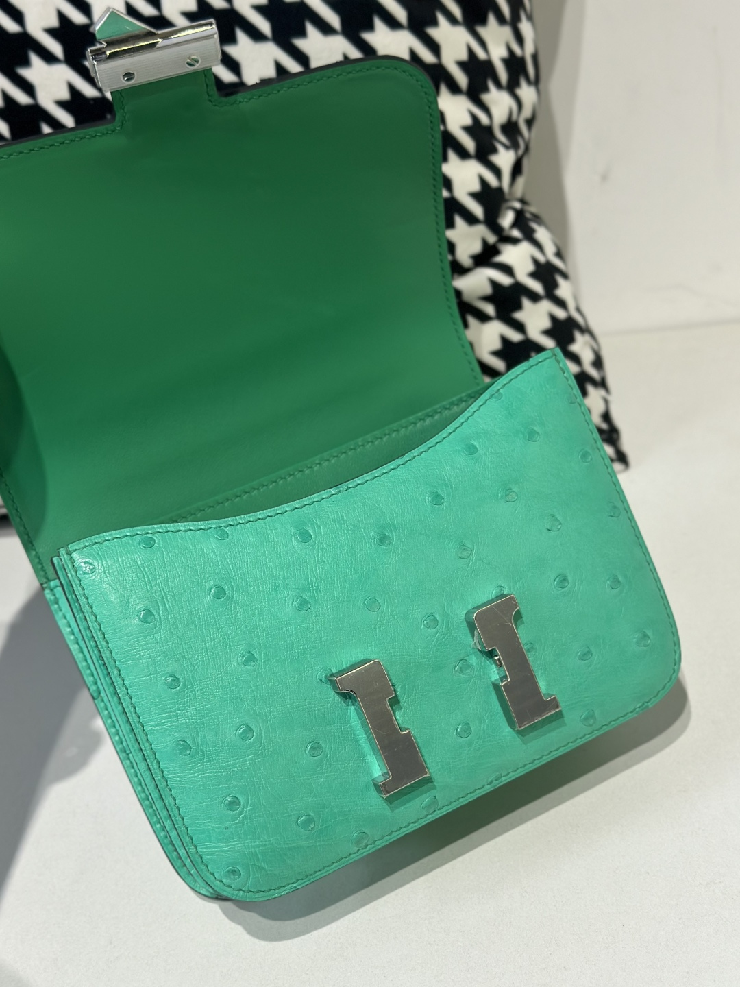 Ostrich Leather Comic Green 18cm Silver Hardware Flap Shoulder Bag WOB075 image 2