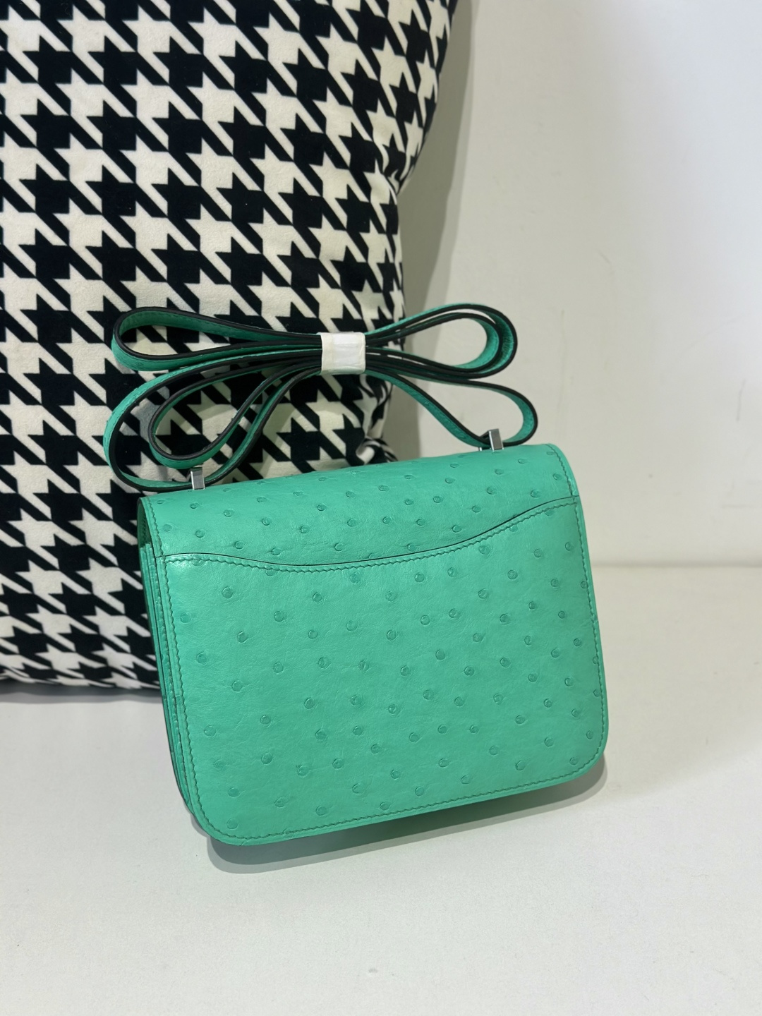 Ostrich Leather Comic Green 18cm Silver Hardware Flap Shoulder Bag WOB075 image 3