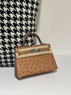 Ostrich Leather Golden Brown Silver Hardware Series II Top Handle Bag WOB077 image 1