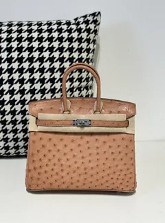 Ostrich Leather Golden Brown 25cm Silver Hardware Top Handle Tote Bag WOB079 image 1