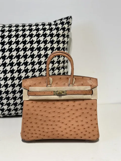 Ostrich Leather Golden Brown 25cm Gold Hardware Top Handle Tote Bag WOB080