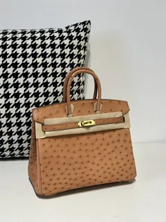 Ostrich Leather Golden Brown 25cm Gold Hardware Top Handle Tote Bag WOB080 image 2