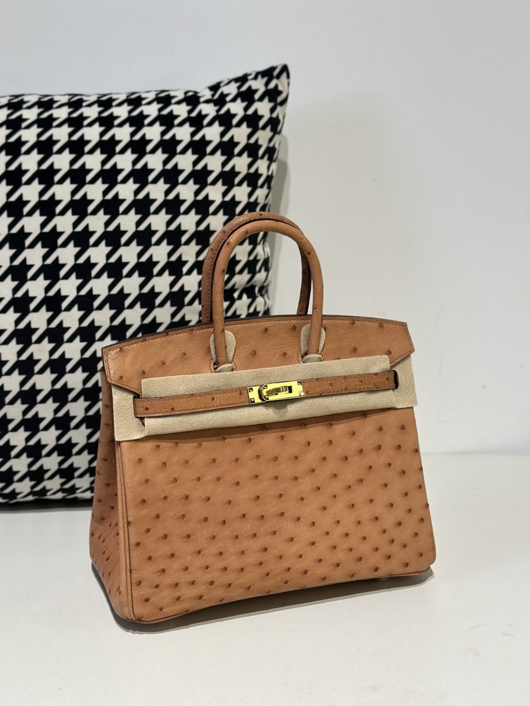 Ostrich Leather Golden Brown 25cm Gold Hardware Top Handle Tote Bag WOB080 image 2