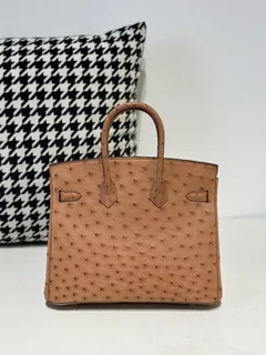 Ostrich Leather Golden Brown 25cm Gold Hardware Top Handle Tote Bag WOB080 image 3