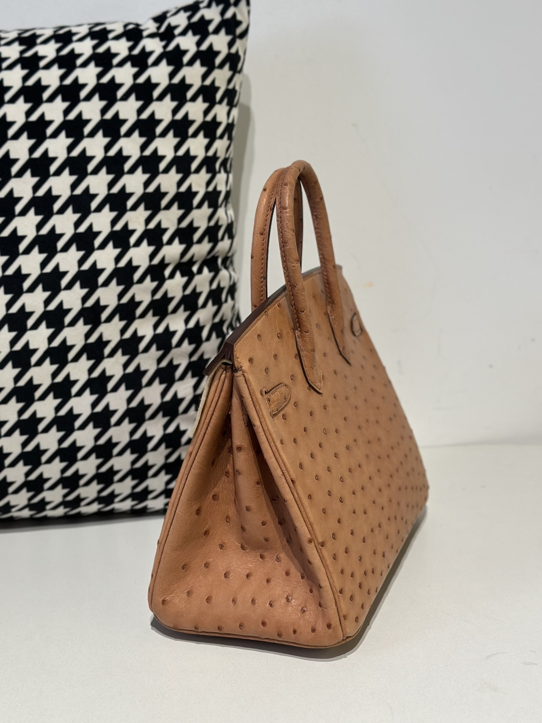 Ostrich Leather Golden Brown 25cm Gold Hardware Top Handle Tote Bag WOB080 image 4