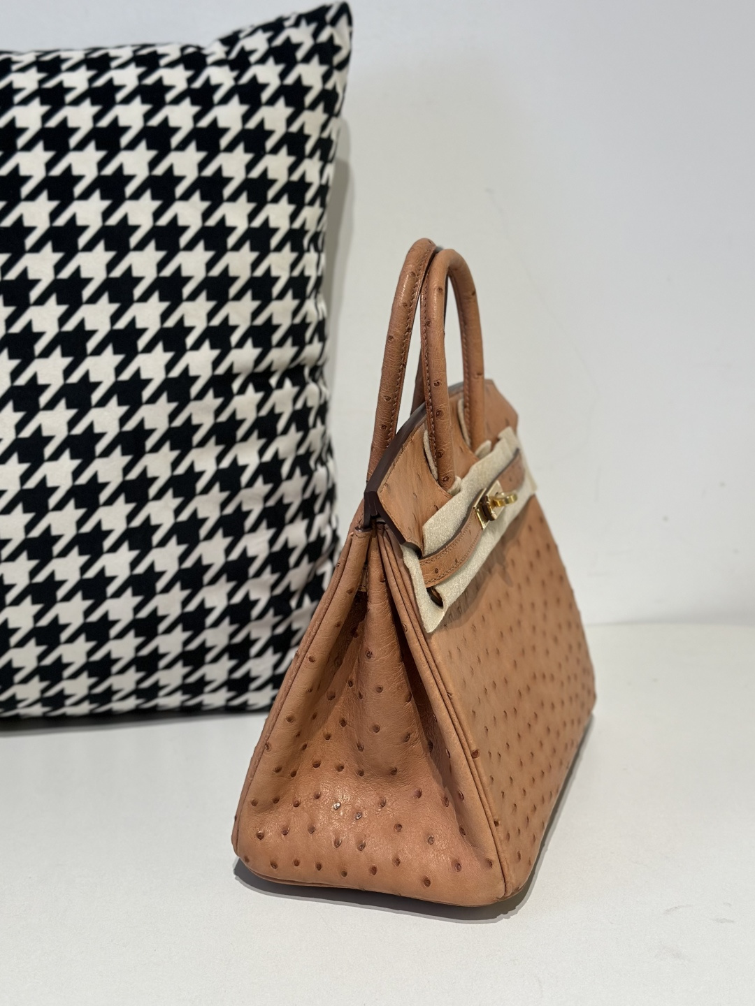 Ostrich Leather Golden Brown 25cm Gold Hardware Top Handle Tote Bag WOB080 image 5