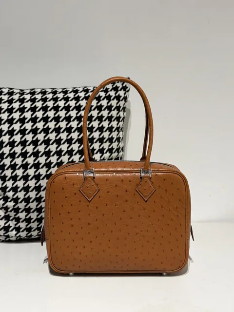 Ostrich Leather Golden Brown Silver Hardware Feather Bag WOB082