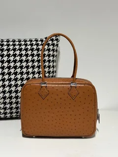 Ostrich Leather Golden Brown Silver Hardware Feather Bag WOB082 image 3