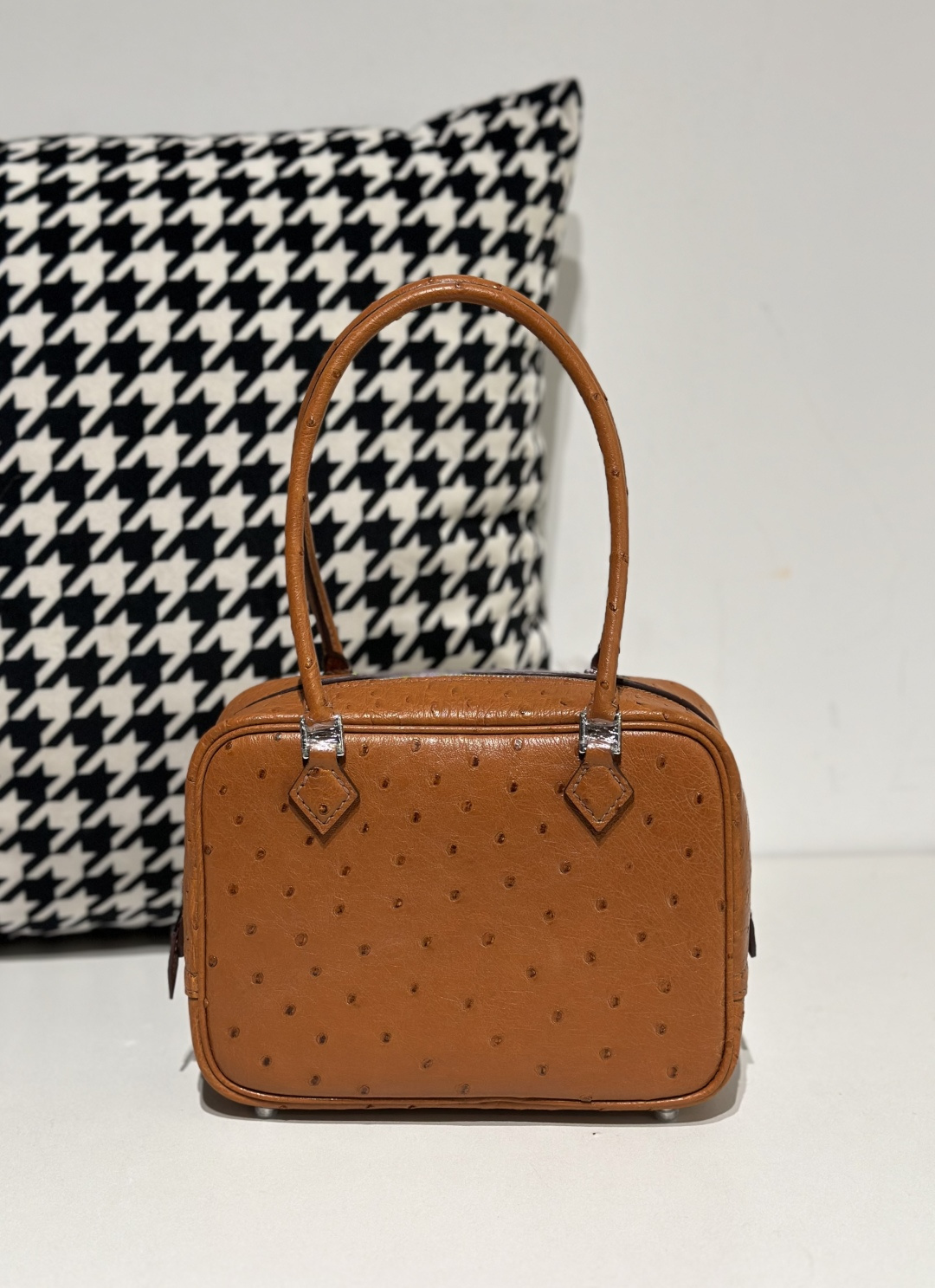 Ostrich Leather Golden Brown Silver Hardware Feather Bag WOB083