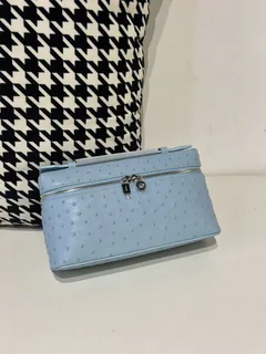 Ostrich Leather Sky Blue 19cm Silver Hardware Top Handle Bag WOB085 image 1