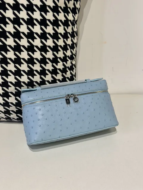 Ostrich Leather Sky Blue 19cm Silver Hardware Top Handle Bag WOB085