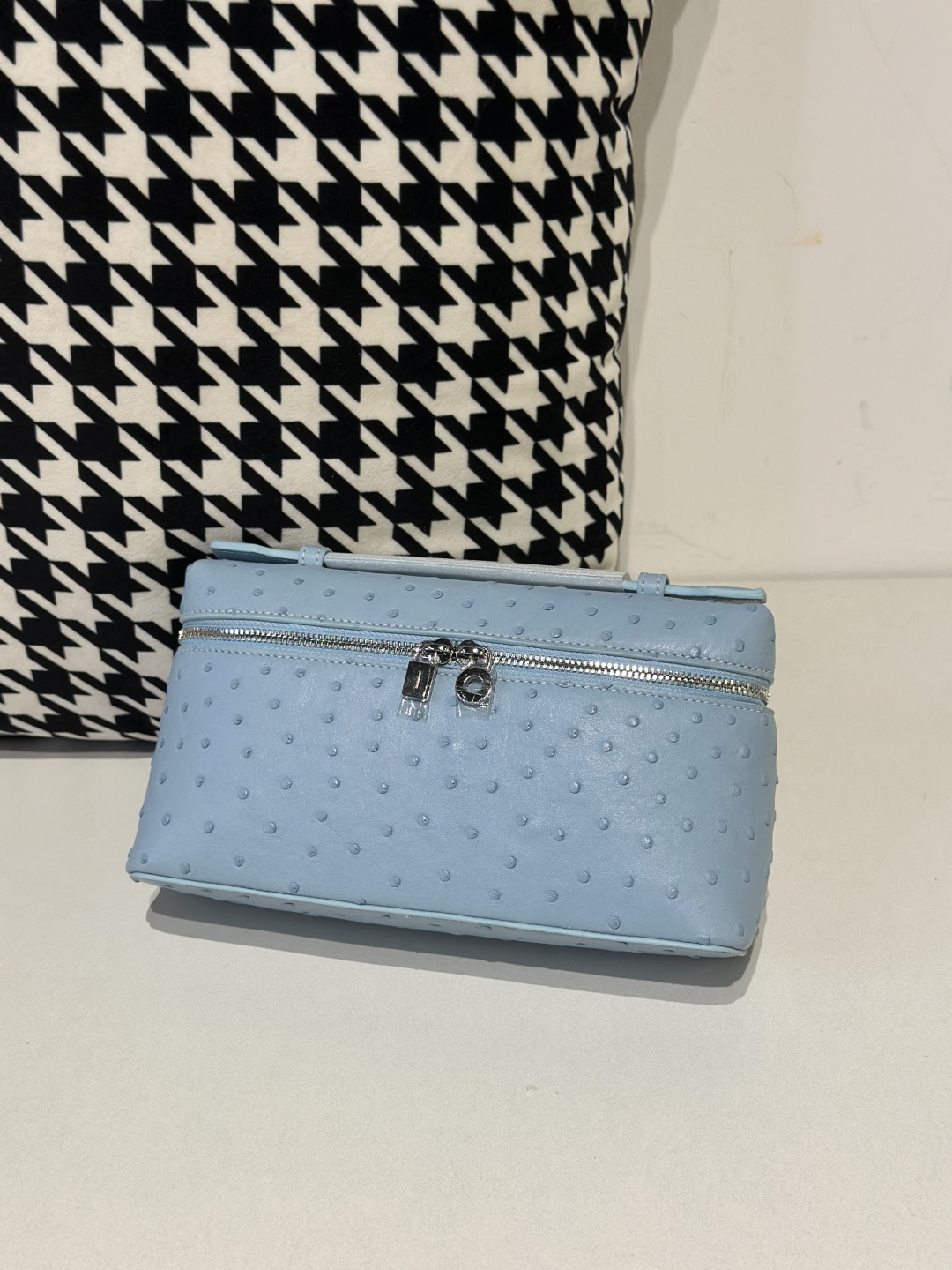 Ostrich Leather Sky Blue 19cm Silver Hardware Top Handle Bag WOB085 image 2
