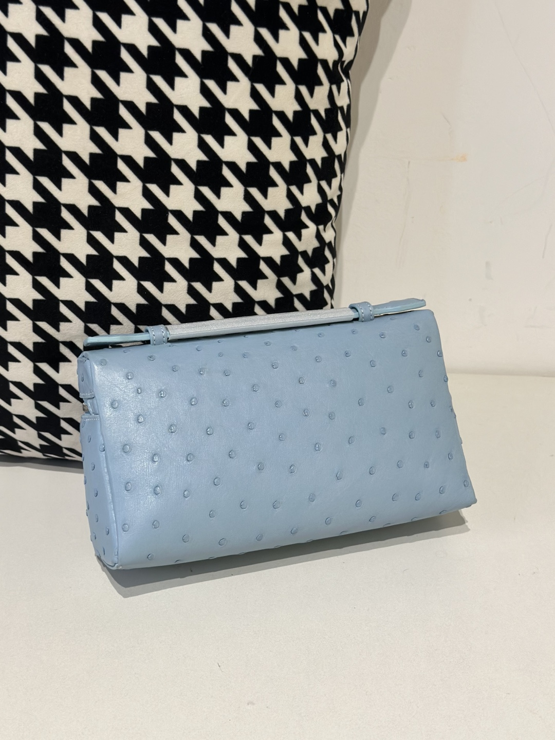 Ostrich Leather Sky Blue 19cm Silver Hardware Top Handle Bag WOB085 image 3