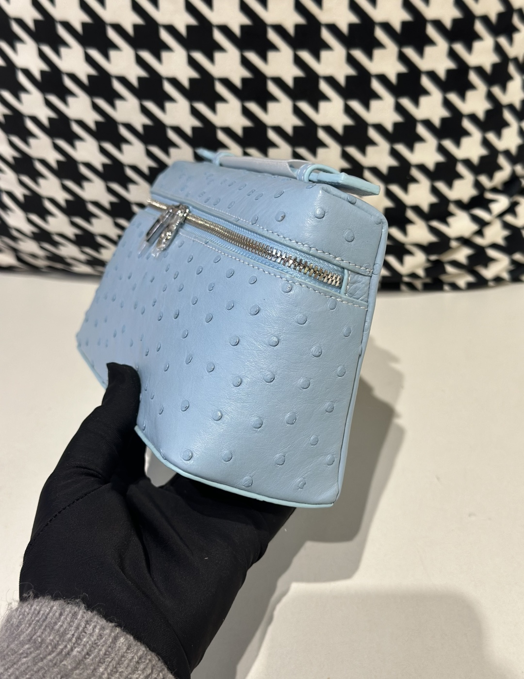 Ostrich Leather Sky Blue 19cm Silver Hardware Top Handle Bag WOB085 image 4