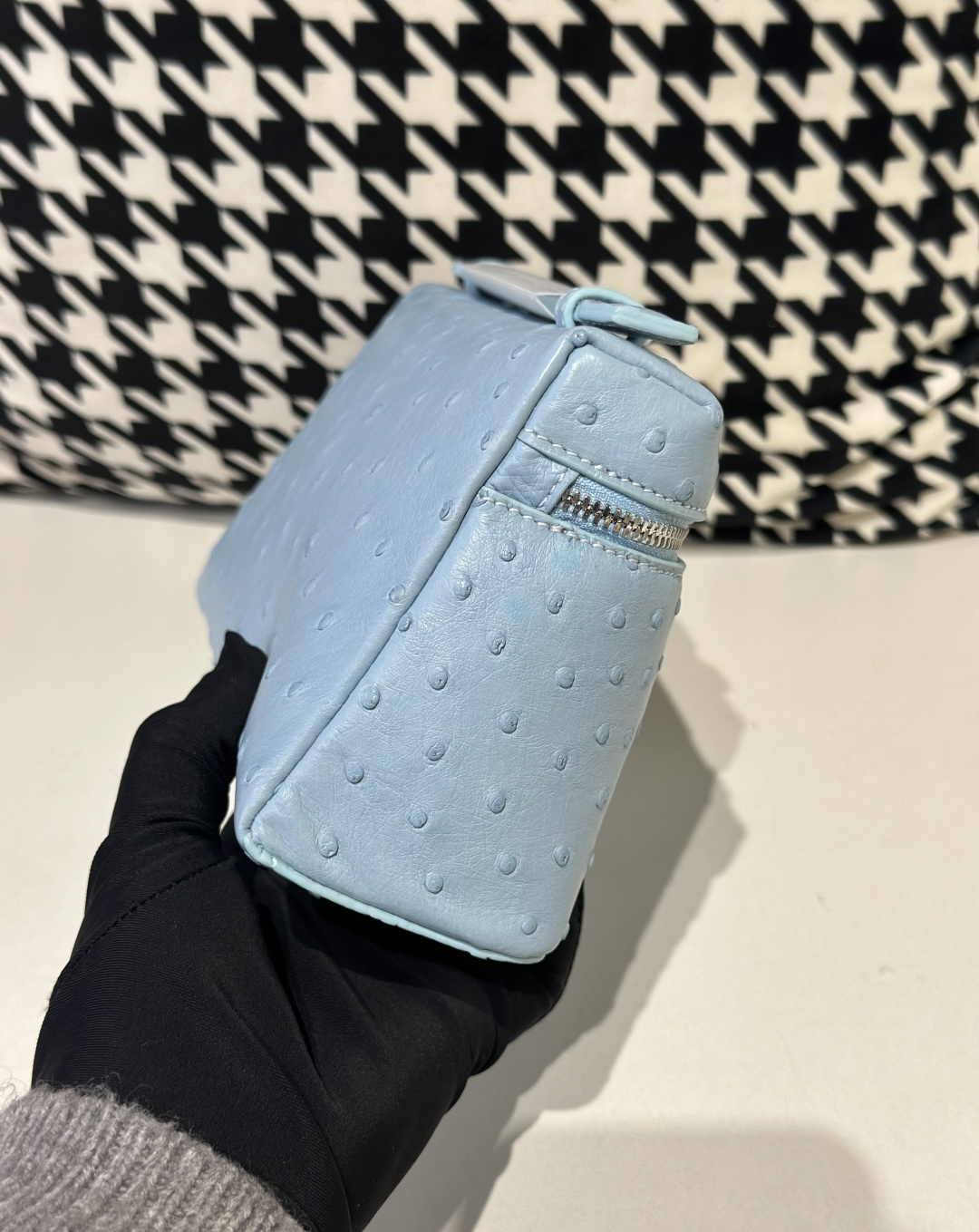 Ostrich Leather Sky Blue 19cm Silver Hardware Top Handle Bag WOB085 image 5