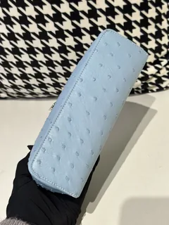 Ostrich Leather Sky Blue 19cm Silver Hardware Top Handle Bag WOB085 image 6