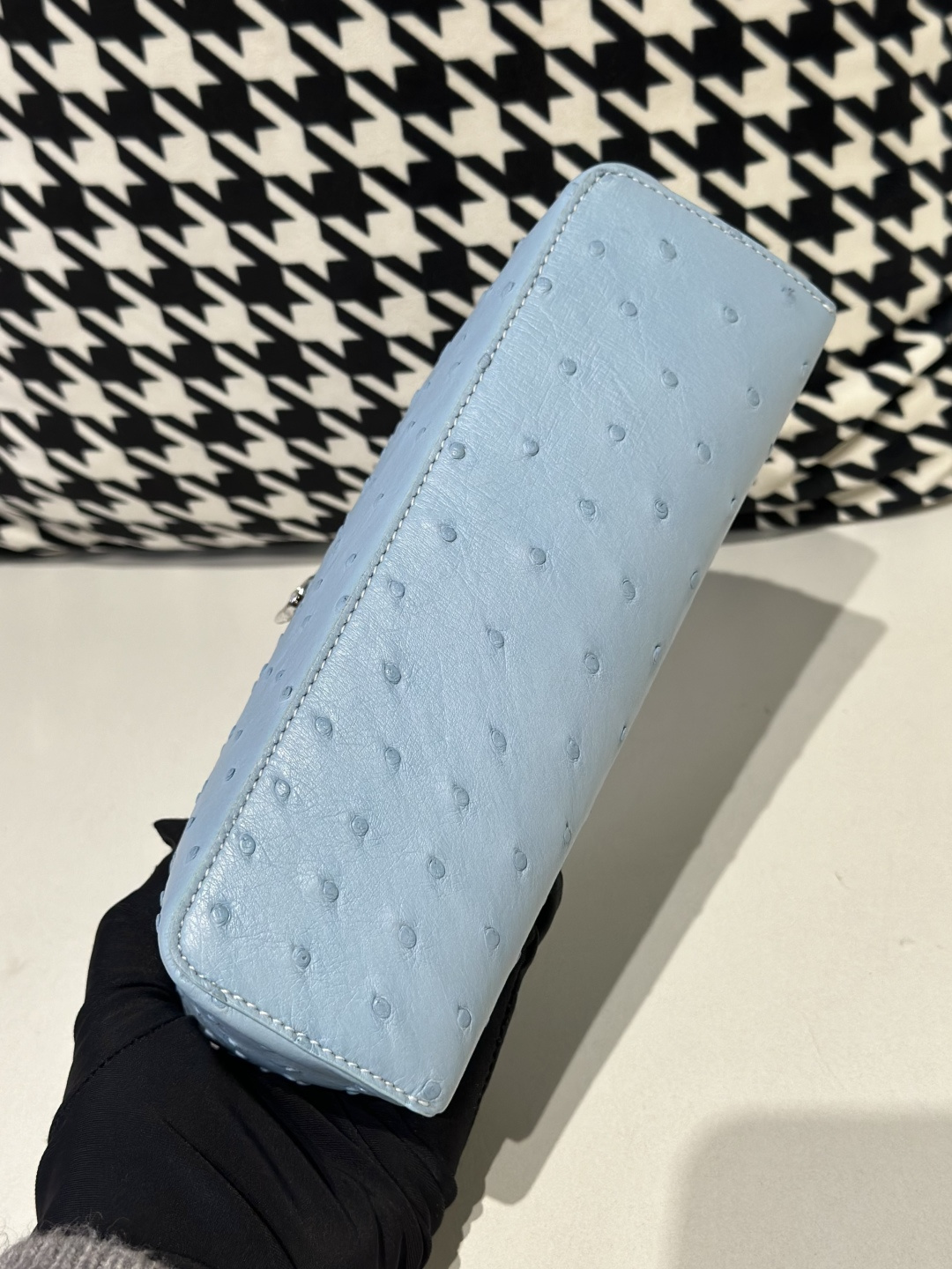 Ostrich Leather Sky Blue 19cm Silver Hardware Top Handle Bag WOB085 image 6
