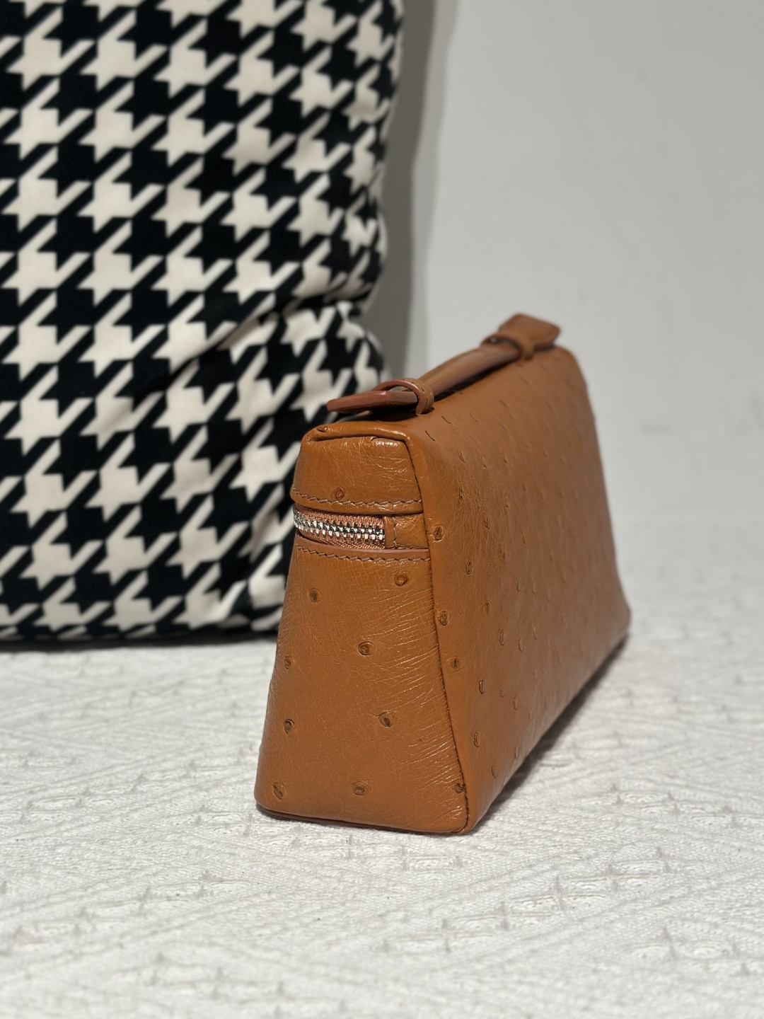 Ostrich Leather Golden Brown 19cm Silver Hardware Top Handle Bag WOB087 image 4