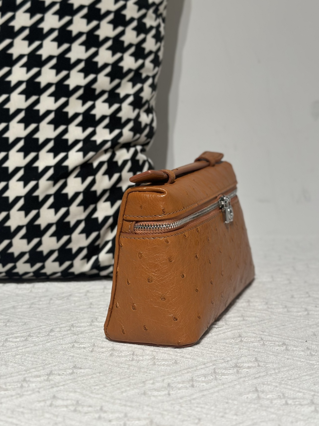 Ostrich Leather Golden Brown 19cm Silver Hardware Top Handle Bag WOB087 image 5