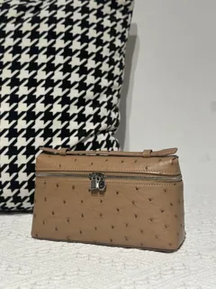Ostrich Leather Milk Tea Beige 19cm Silver Hardware Top Handle Bag WOB088 image 2