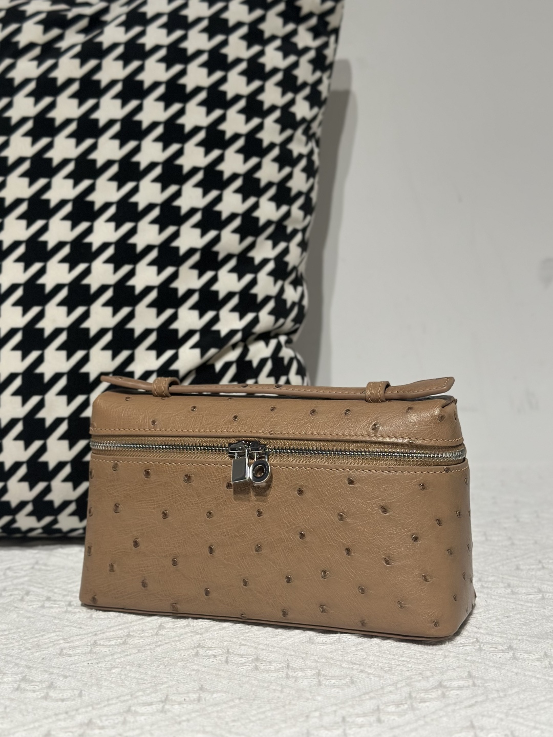 Ostrich Leather Milk Tea Beige 19cm Silver Hardware Top Handle Bag WOB088 image 2