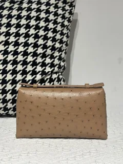 Ostrich Leather Milk Tea Beige 19cm Silver Hardware Top Handle Bag WOB088 image 3