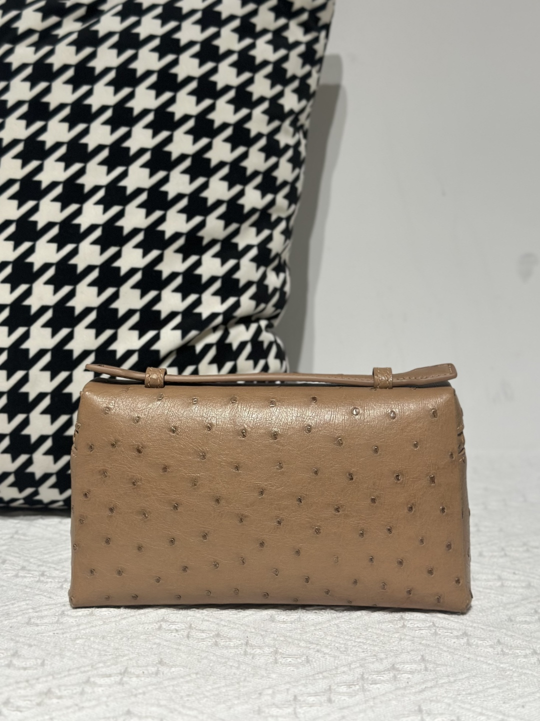 Ostrich Leather Milk Tea Beige 19cm Silver Hardware Top Handle Bag WOB088 image 3