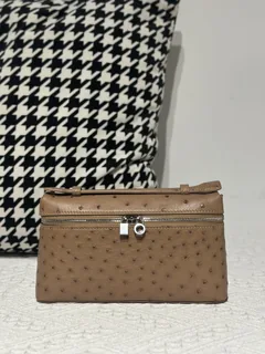 Ostrich Leather Milk Tea Beige 19cm Silver Hardware Top Handle Bag WOB089 image 1