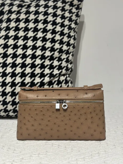 Ostrich Leather Milk Tea Beige 19cm Silver Hardware Top Handle Bag WOB089