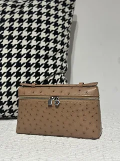 Ostrich Leather Milk Tea Beige 19cm Silver Hardware Top Handle Bag WOB089 image 2