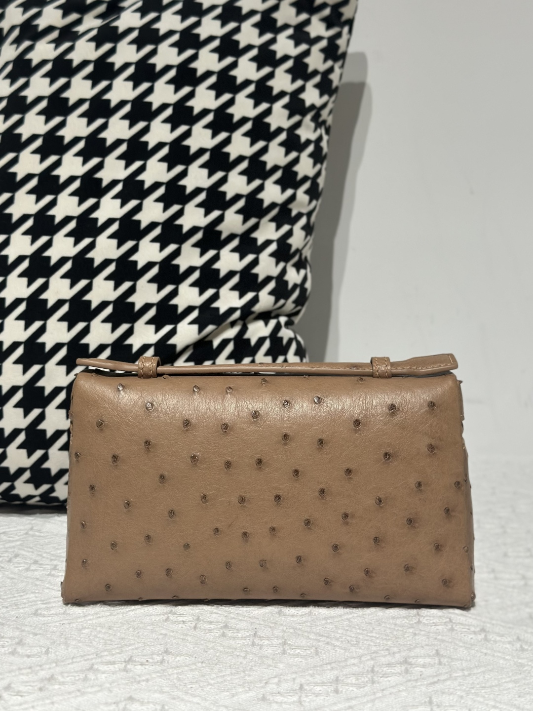 Ostrich Leather Milk Tea Beige 19cm Silver Hardware Top Handle Bag WOB089 image 3