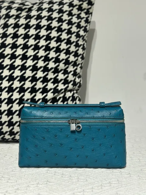 Ostrich Leather Aqua Blue 19cm Silver Hardware Top Handle Bag WOB090