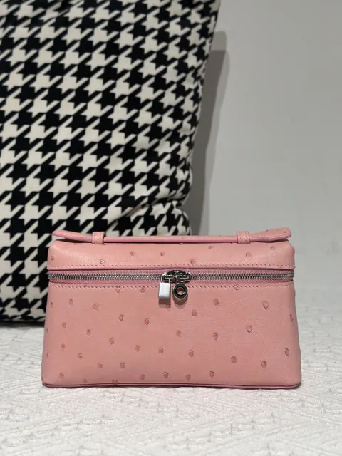 Ostrich Leather Pink 19cm Silver Hardware Top Handle Bag WOB091