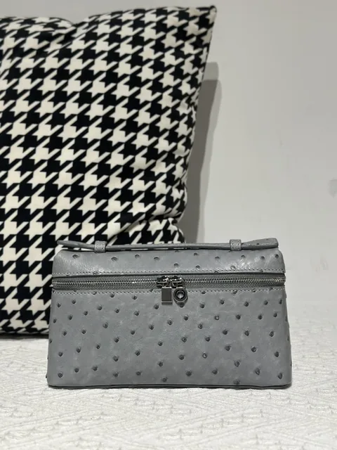 Ostrich Leather Dusty Blue 19cm Silver Hardware Top Handle Bag WOB092
